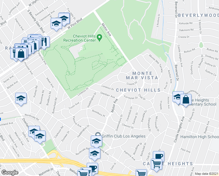 map of restaurants, bars, coffee shops, grocery stores, and more near Lorenzo Drive in Los Angeles