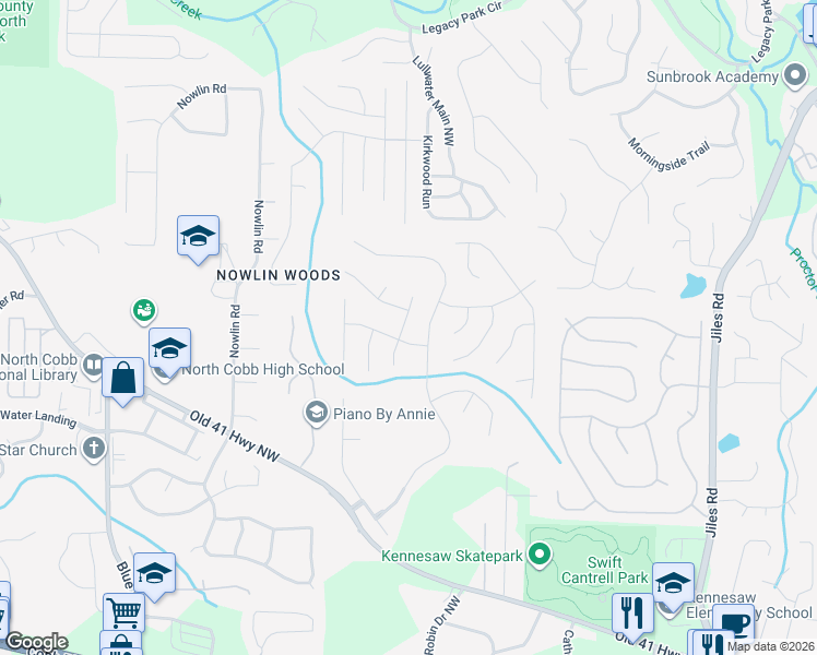 map of restaurants, bars, coffee shops, grocery stores, and more near 3504 Donamire Way Northwest in Kennesaw