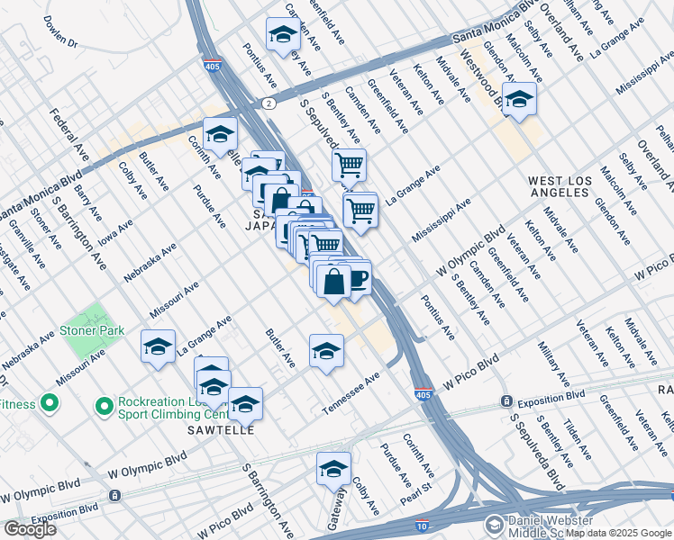 map of restaurants, bars, coffee shops, grocery stores, and more near 2033 Beloit Avenue in Los Angeles