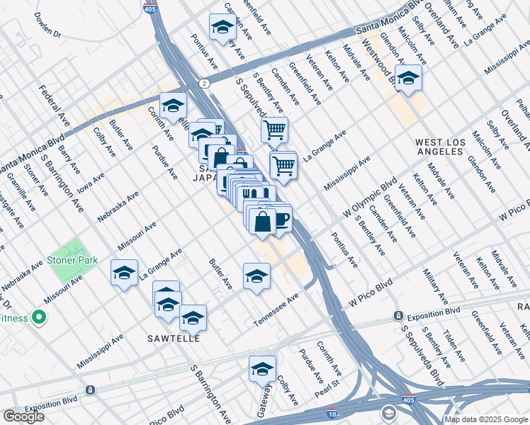 map of restaurants, bars, coffee shops, grocery stores, and more near 2033 Beloit Avenue in Los Angeles