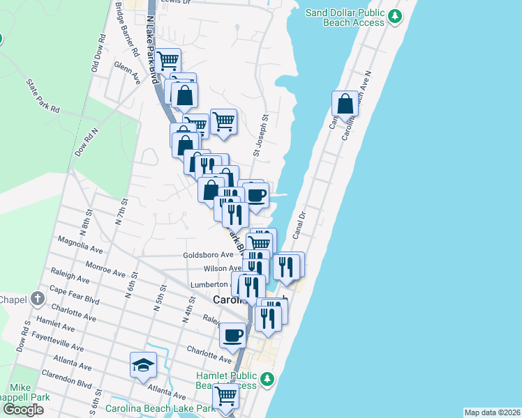 map of restaurants, bars, coffee shops, grocery stores, and more near 901 Yacht Rd in Carolina Beach