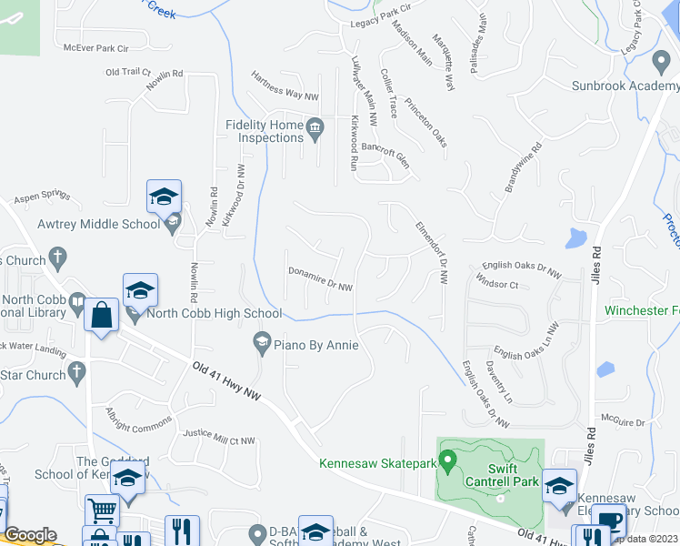 map of restaurants, bars, coffee shops, grocery stores, and more near 3504 Donamire Way Northwest in Kennesaw