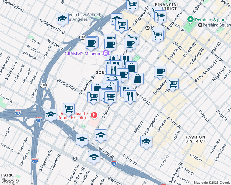 map of restaurants, bars, coffee shops, grocery stores, and more near 1155 South Grand Avenue in Los Angeles