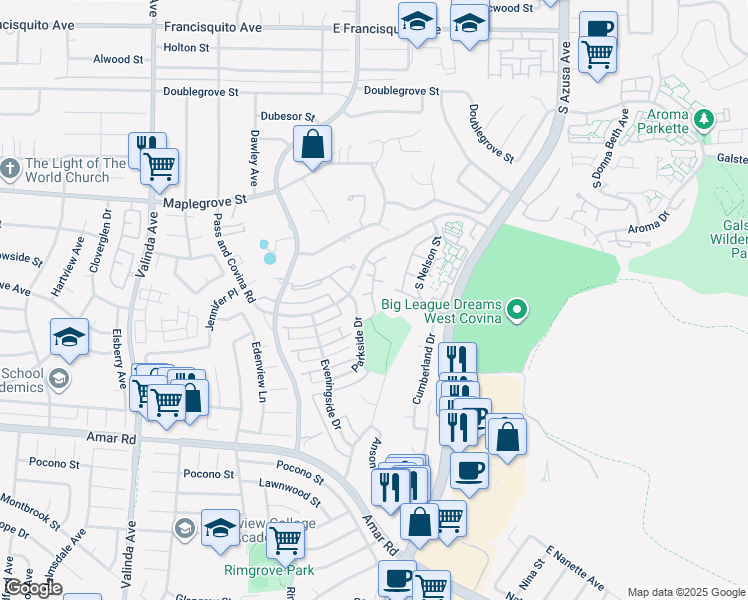 map of restaurants, bars, coffee shops, grocery stores, and more near 1433 Kauai Street in West Covina