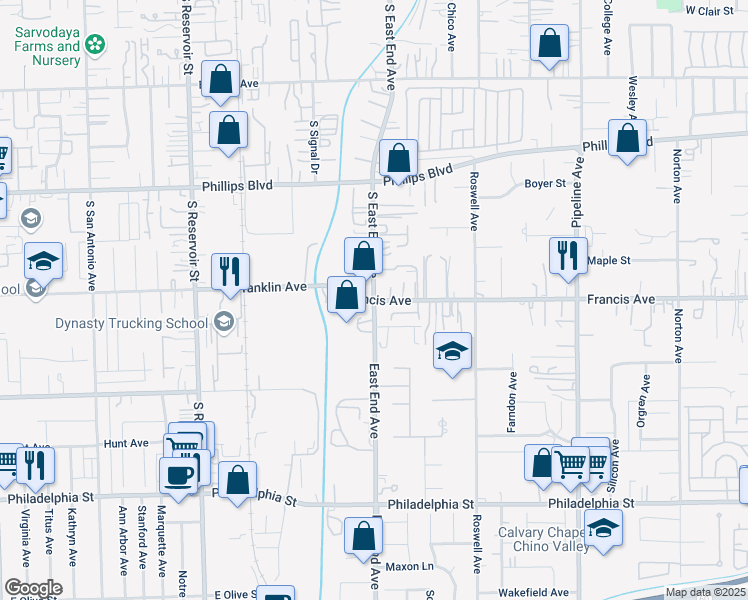 map of restaurants, bars, coffee shops, grocery stores, and more near Francis Ave & East End Ave in Chino