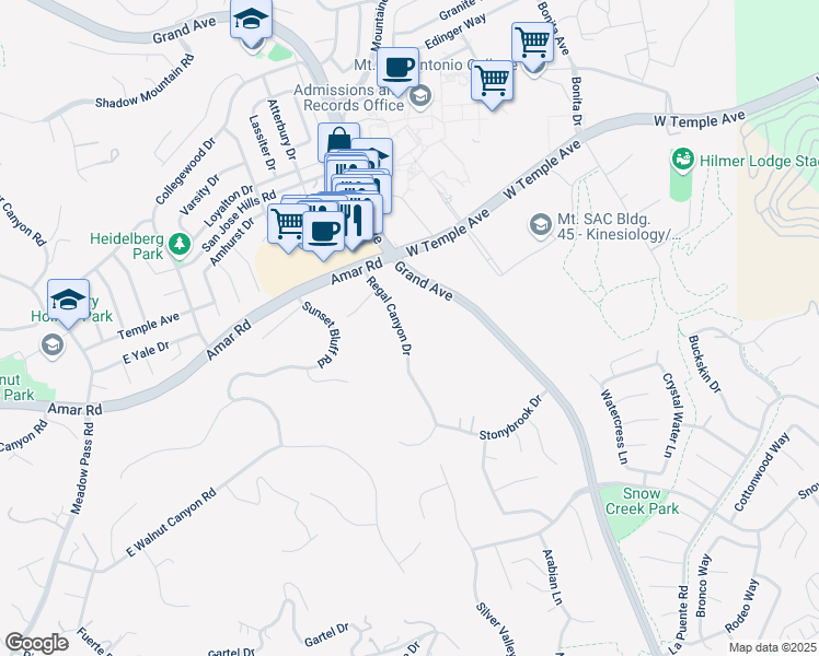 map of restaurants, bars, coffee shops, grocery stores, and more near 1140 Regal Canyon Drive in Walnut