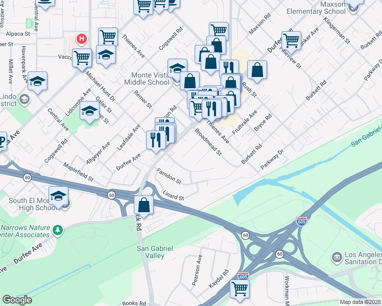 map of restaurants, bars, coffee shops, grocery stores, and more near 1642 Bunker Avenue in South El Monte