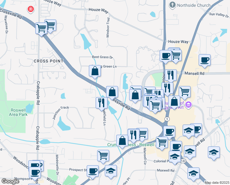 map of restaurants, bars, coffee shops, grocery stores, and more near 310 Crossville Court in Roswell