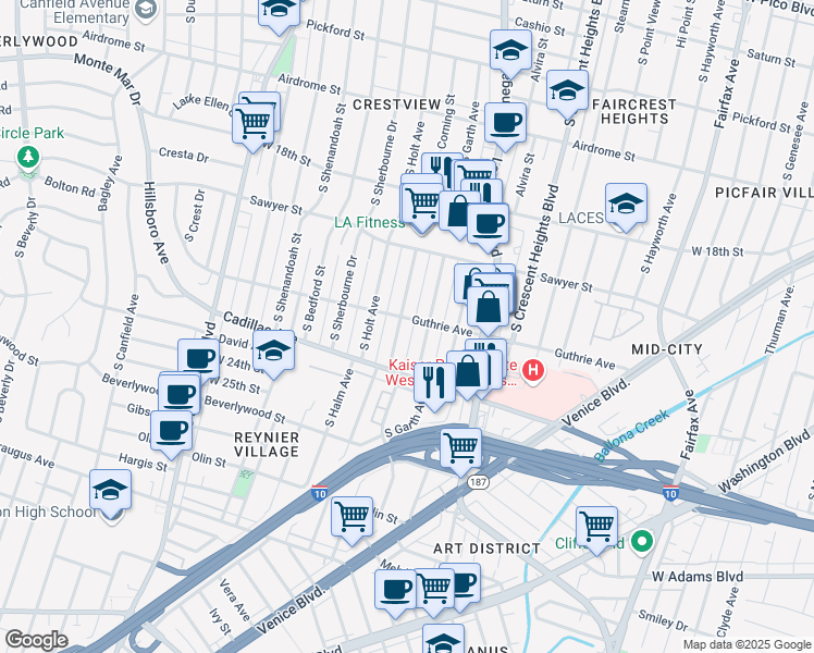 map of restaurants, bars, coffee shops, grocery stores, and more near 2006 South Corning Street in Los Angeles
