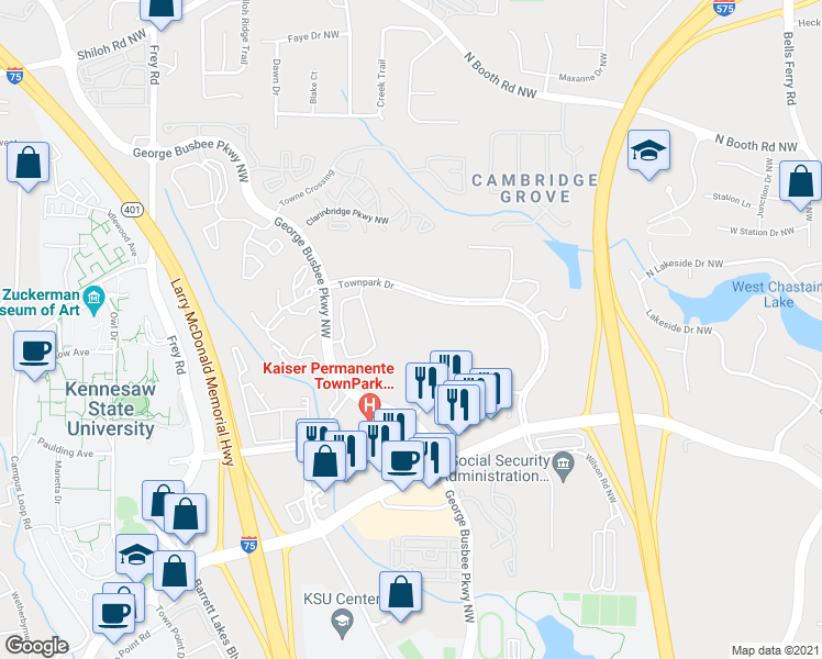 map of restaurants, bars, coffee shops, grocery stores, and more near 245 Townpark Drive in Kennesaw