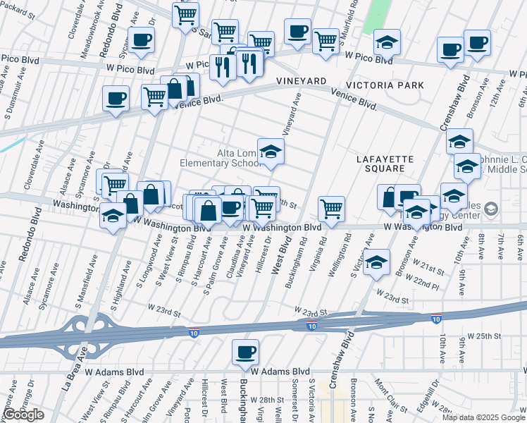 map of restaurants, bars, coffee shops, grocery stores, and more near 1843 Vineyard Avenue in Los Angeles
