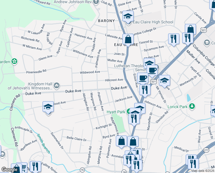 map of restaurants, bars, coffee shops, grocery stores, and more near 4104 Ridgewood Avenue in Columbia
