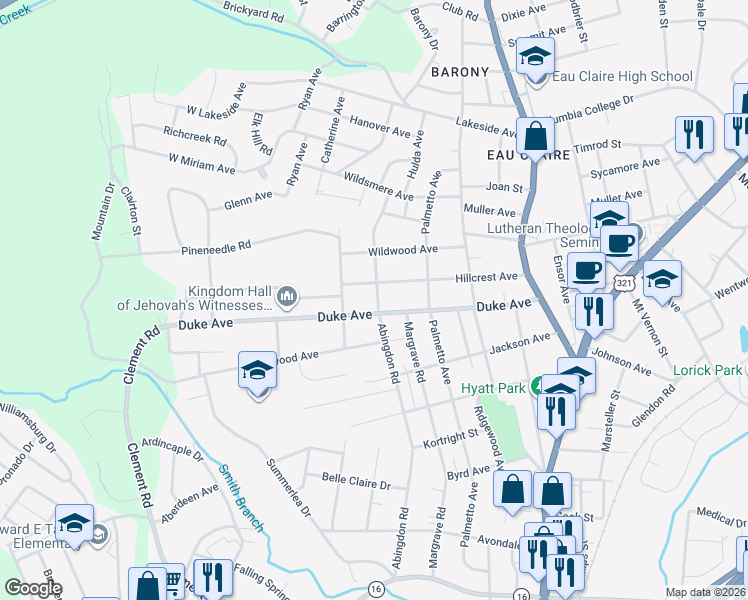 map of restaurants, bars, coffee shops, grocery stores, and more near 414 Hillcrest Avenue in Columbia