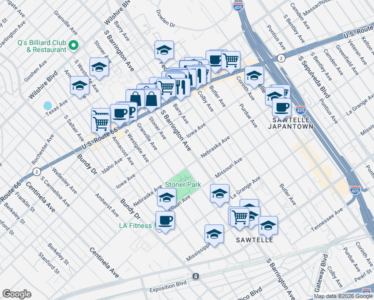 map of restaurants, bars, coffee shops, grocery stores, and more near 1718 South Barrington Avenue in Los Angeles