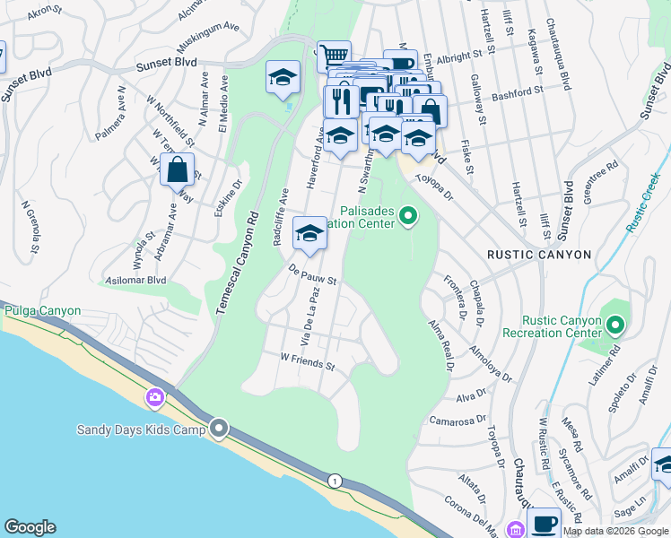 map of restaurants, bars, coffee shops, grocery stores, and more near 613 North Swarthmore Avenue in Los Angeles