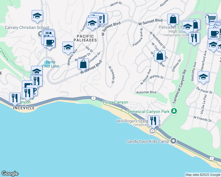 map of restaurants, bars, coffee shops, grocery stores, and more near 300 North Grenola Street in Los Angeles