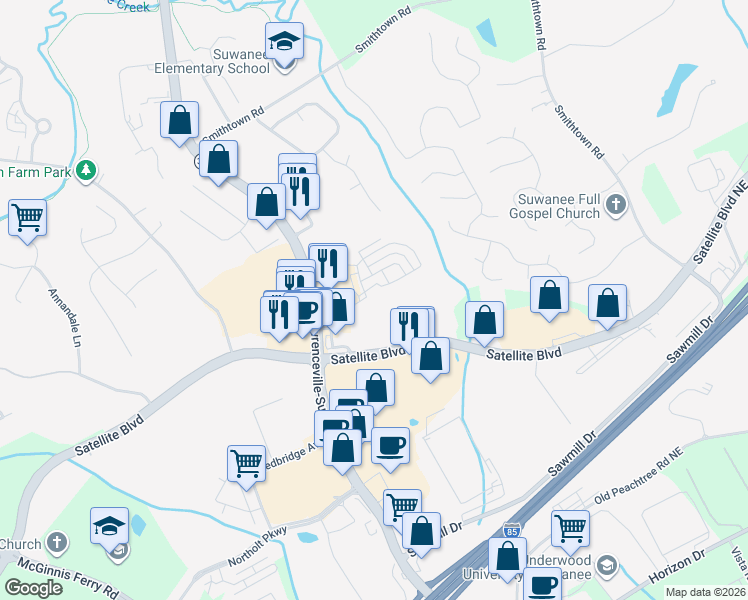 map of restaurants, bars, coffee shops, grocery stores, and more near 528 Myrtle Trace Lane in Suwanee