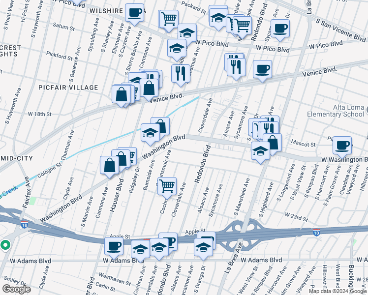 map of restaurants, bars, coffee shops, grocery stores, and more near 5225 20th Street in Los Angeles
