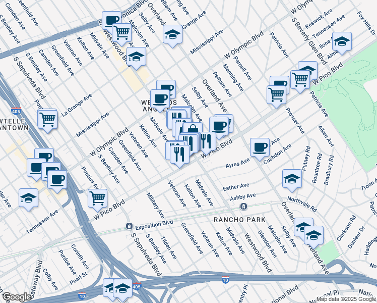 map of restaurants, bars, coffee shops, grocery stores, and more near 2367 Westwood Boulevard in Los Angeles