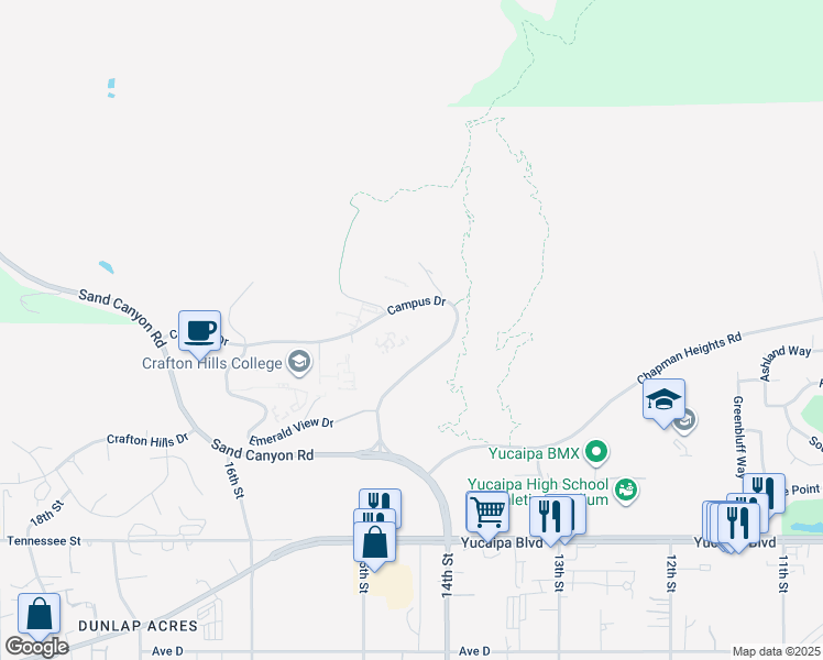 map of restaurants, bars, coffee shops, grocery stores, and more near 11711 Sand Canyon Road in Yucaipa