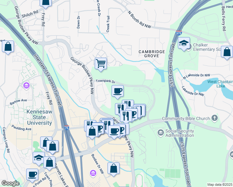 map of restaurants, bars, coffee shops, grocery stores, and more near 245 Townpark Drive in Kennesaw