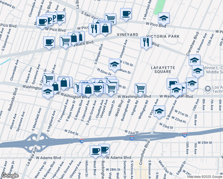 map of restaurants, bars, coffee shops, grocery stores, and more near 1843 Vineyard Avenue in Los Angeles