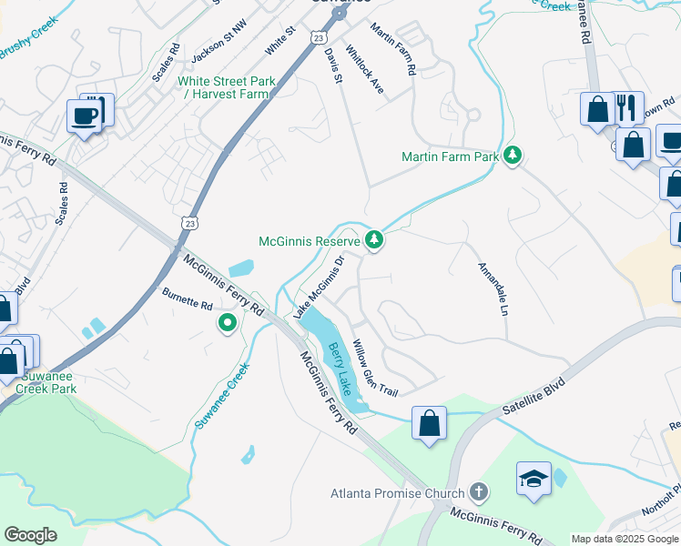 map of restaurants, bars, coffee shops, grocery stores, and more near 3531 Lake McGinnis Drive in Suwanee