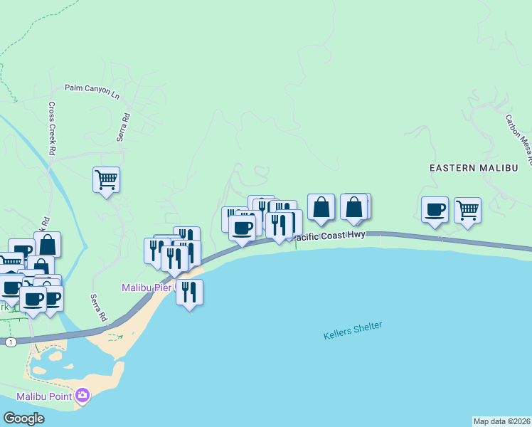 map of restaurants, bars, coffee shops, grocery stores, and more near 3947 Ridgemont Drive in Malibu
