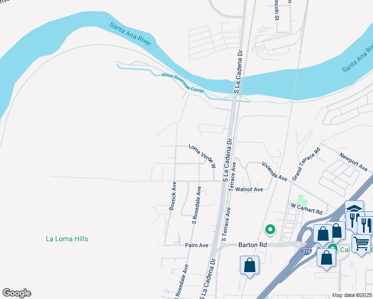 map of restaurants, bars, coffee shops, grocery stores, and more near 264 Loma Verde West in Colton