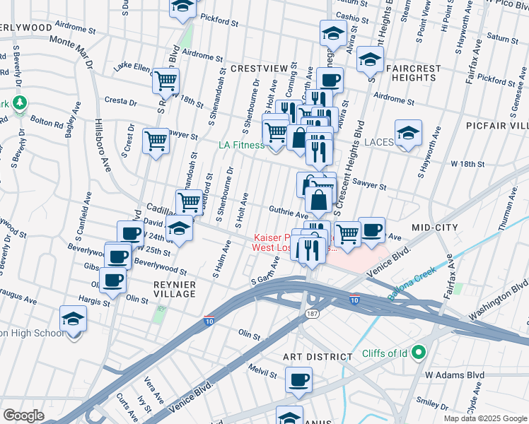 map of restaurants, bars, coffee shops, grocery stores, and more near 2006 South Corning Street in Los Angeles