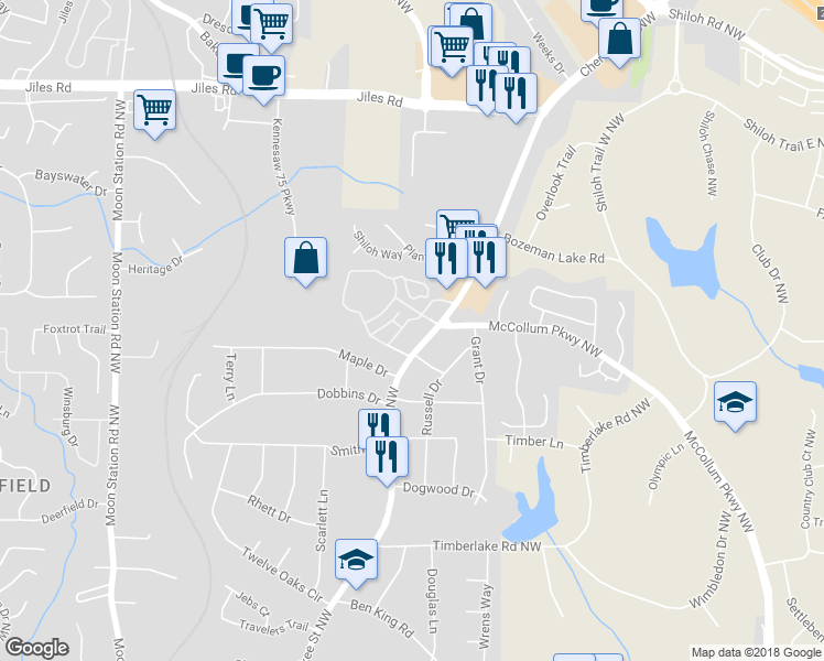 map of restaurants, bars, coffee shops, grocery stores, and more near 3585 Cherokee Street Northwest in Kennesaw
