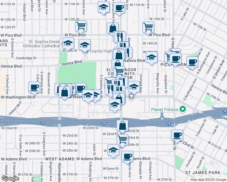 map of restaurants, bars, coffee shops, grocery stores, and more near 1825 South New Hampshire Avenue in Los Angeles