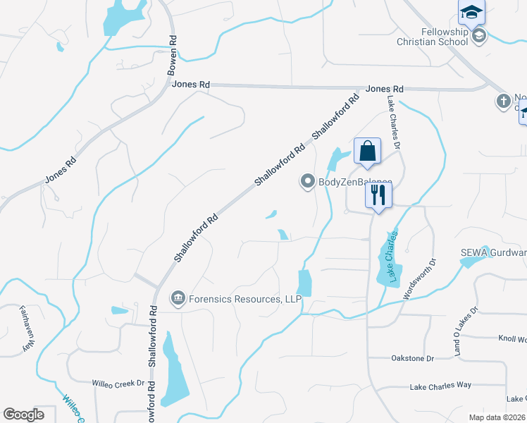 map of restaurants, bars, coffee shops, grocery stores, and more near 10775 Shallowford Road in Roswell