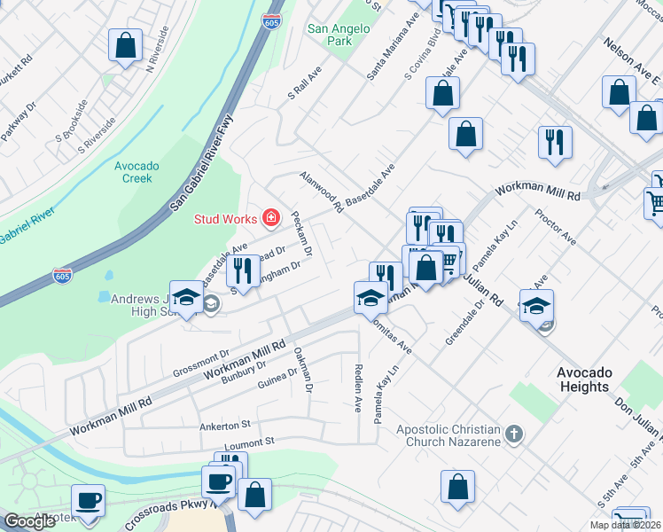map of restaurants, bars, coffee shops, grocery stores, and more near 786 Spanish Oak Lane in La Puente