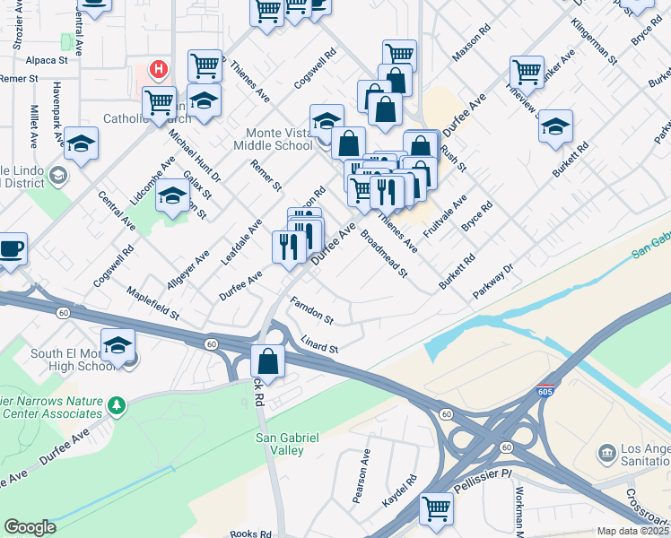 map of restaurants, bars, coffee shops, grocery stores, and more near 1630 Durfee Avenue in El Monte