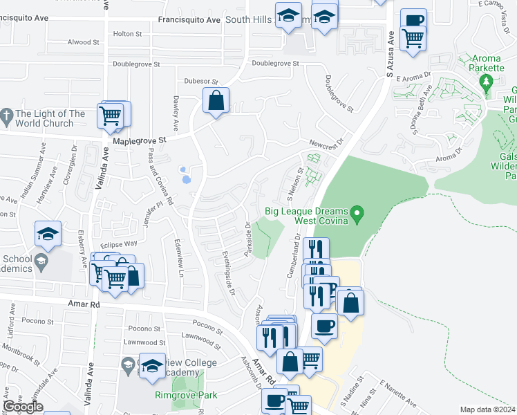 map of restaurants, bars, coffee shops, grocery stores, and more near 1433 Kauai Street in West Covina