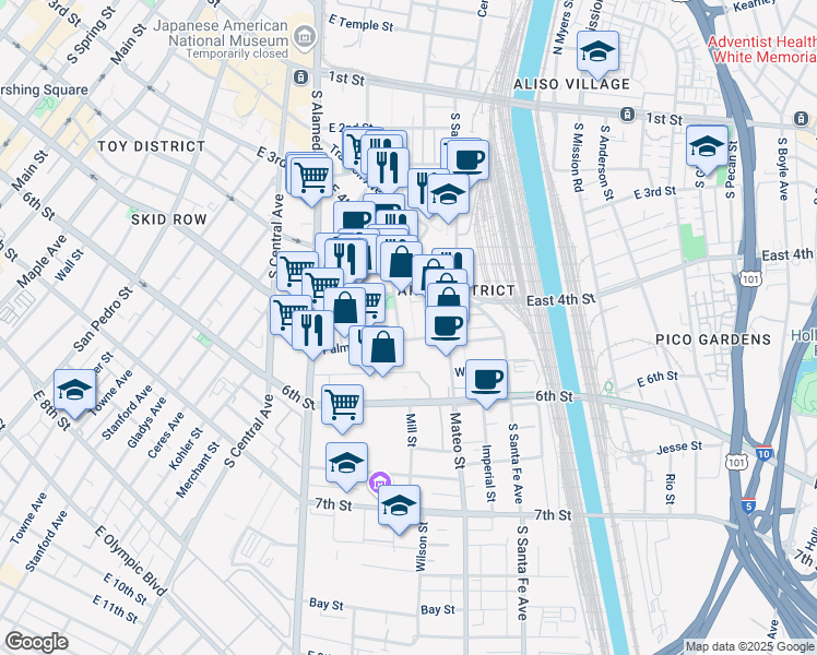 map of restaurants, bars, coffee shops, grocery stores, and more near 530 South Hewitt Street in Los Angeles
