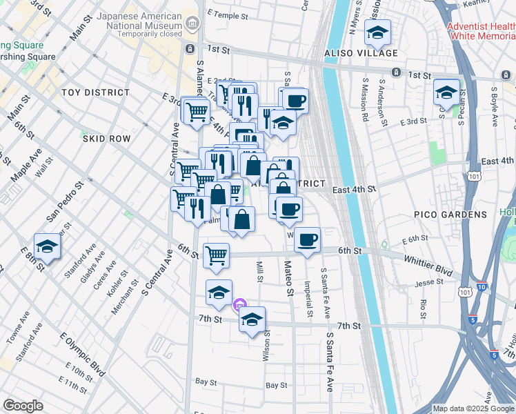map of restaurants, bars, coffee shops, grocery stores, and more near 530 South Hewitt Street in Los Angeles