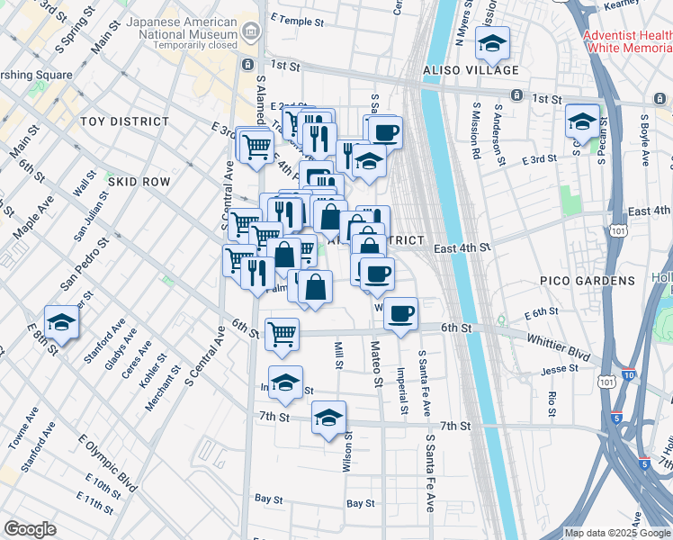 map of restaurants, bars, coffee shops, grocery stores, and more near 530 South Hewitt Street in Los Angeles