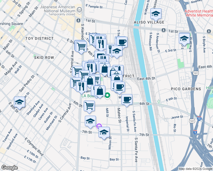 map of restaurants, bars, coffee shops, grocery stores, and more near 530 South Hewitt Street in Los Angeles