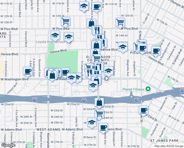 map of restaurants, bars, coffee shops, grocery stores, and more near 1825 South New Hampshire Avenue in Los Angeles