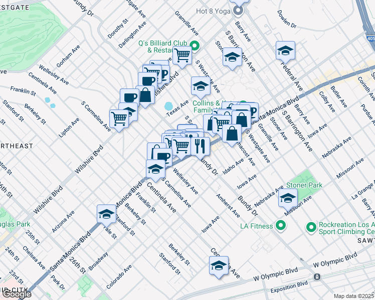 map of restaurants, bars, coffee shops, grocery stores, and more near 1443 South Bundy Drive in Los Angeles