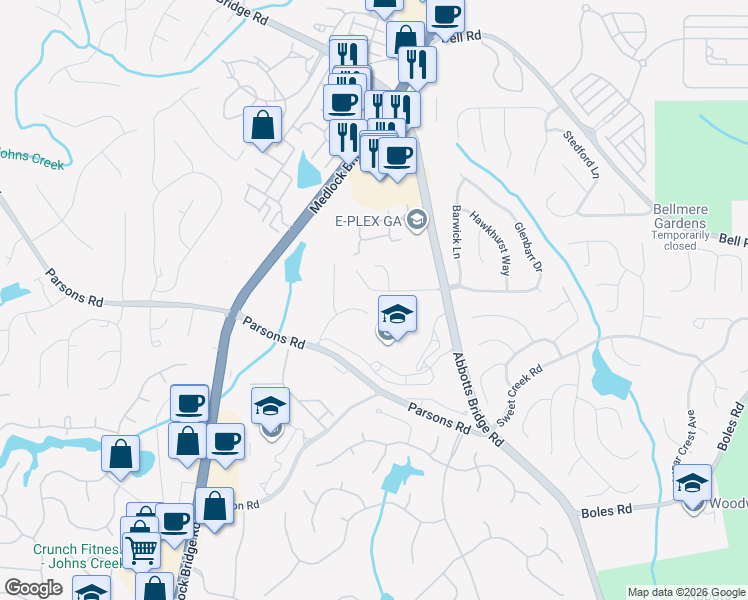 map of restaurants, bars, coffee shops, grocery stores, and more near 385 Abbotts Mill Drive in Duluth