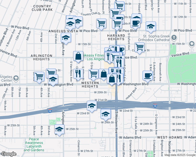 map of restaurants, bars, coffee shops, grocery stores, and more near 1824 South Gramercy Place in Los Angeles