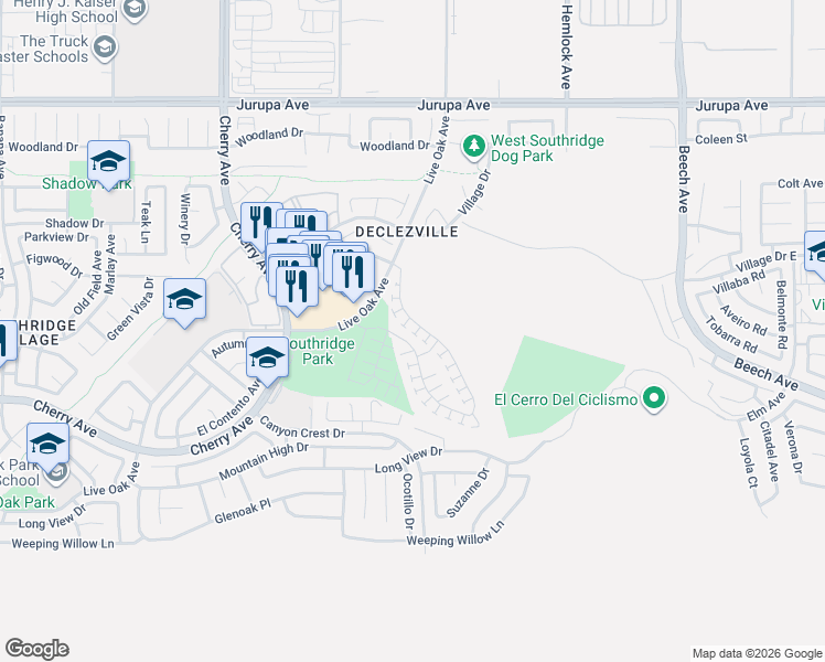 map of restaurants, bars, coffee shops, grocery stores, and more near 11625-11643 Live Oak Avenue in Fontana