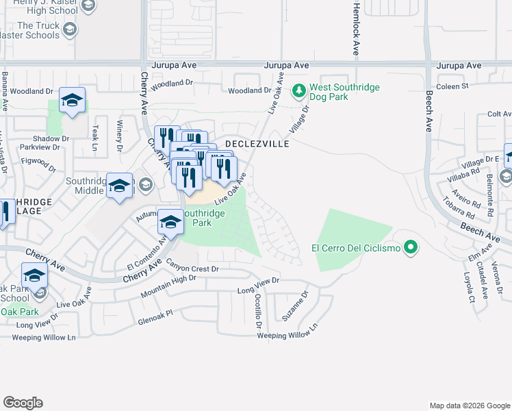 map of restaurants, bars, coffee shops, grocery stores, and more near 11625-11643 Live Oak Avenue in Fontana