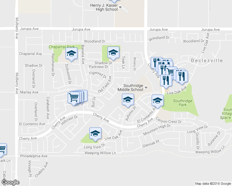 map of restaurants, bars, coffee shops, grocery stores, and more near 14327 Green Vista Drive in Fontana