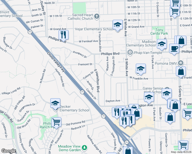 map of restaurants, bars, coffee shops, grocery stores, and more near 1673 South Hamilton Boulevard in Pomona