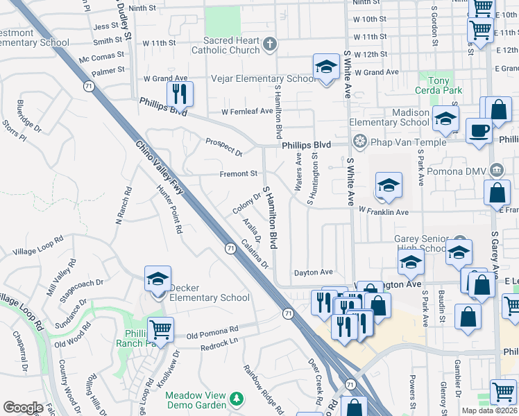 map of restaurants, bars, coffee shops, grocery stores, and more near 1673 South Hamilton Boulevard in Pomona