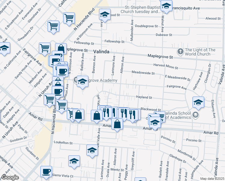map of restaurants, bars, coffee shops, grocery stores, and more near 15727 Hayland Street in La Puente